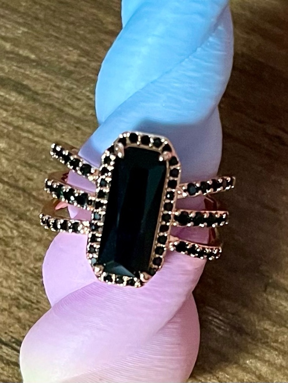 BP Rose Gold Multi-Row Ring with Black Onyx Cz Emerald-Cut Center Stone